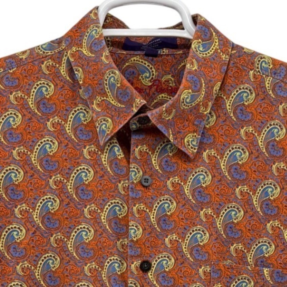 Alan Flusser Mens XL Paisley Button Down Shirt Orange Blue Long Sleeve Cotton